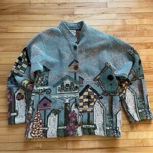 Birdhouse Motif Knit Button-Up Cardigan - Multi Blue